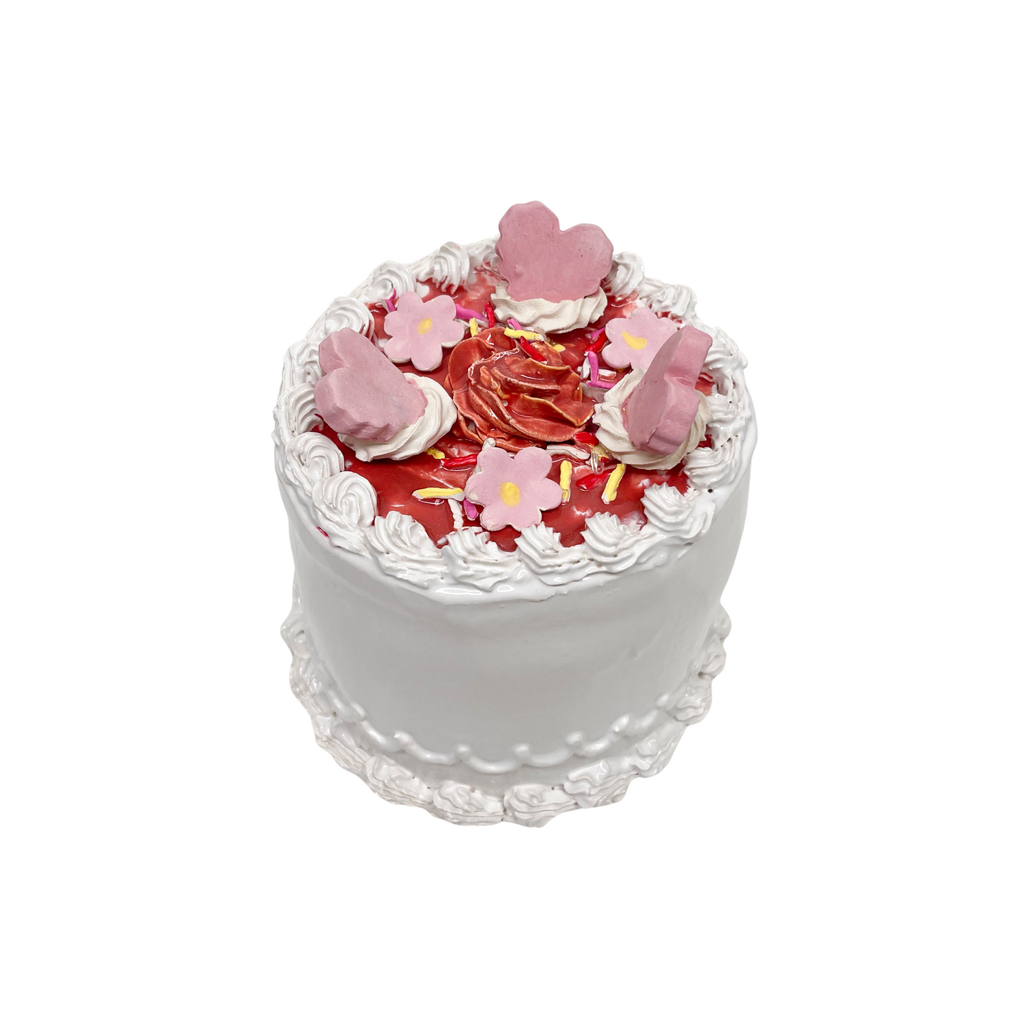 White Cake With Hearts, Flowers And Sprinkles 7