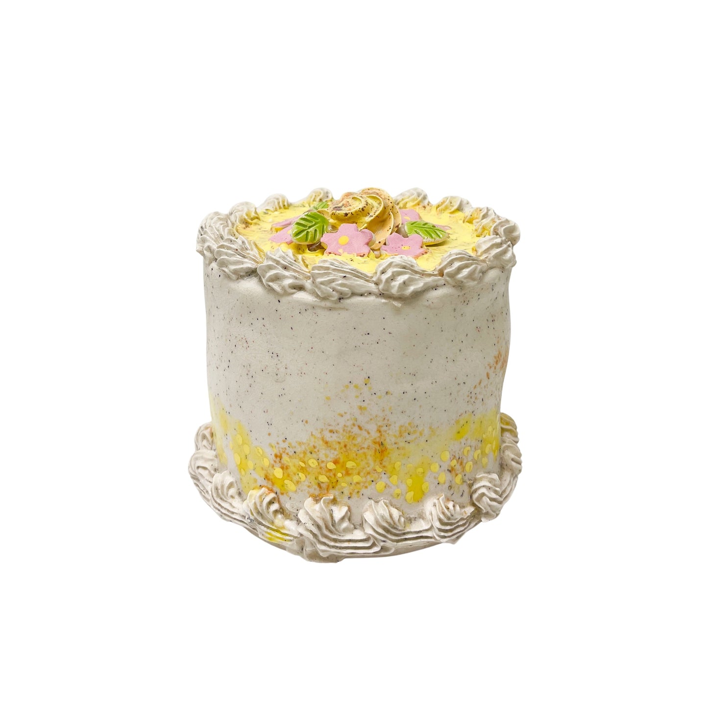 Vanilla Bean Cake with Yellow Frosting and Pink Flowers 12