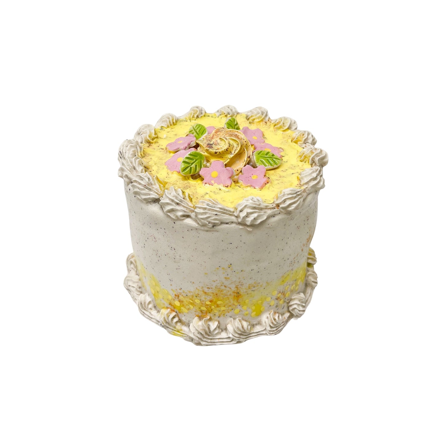 Vanilla Bean Cake with Yellow Frosting and Pink Flowers 12