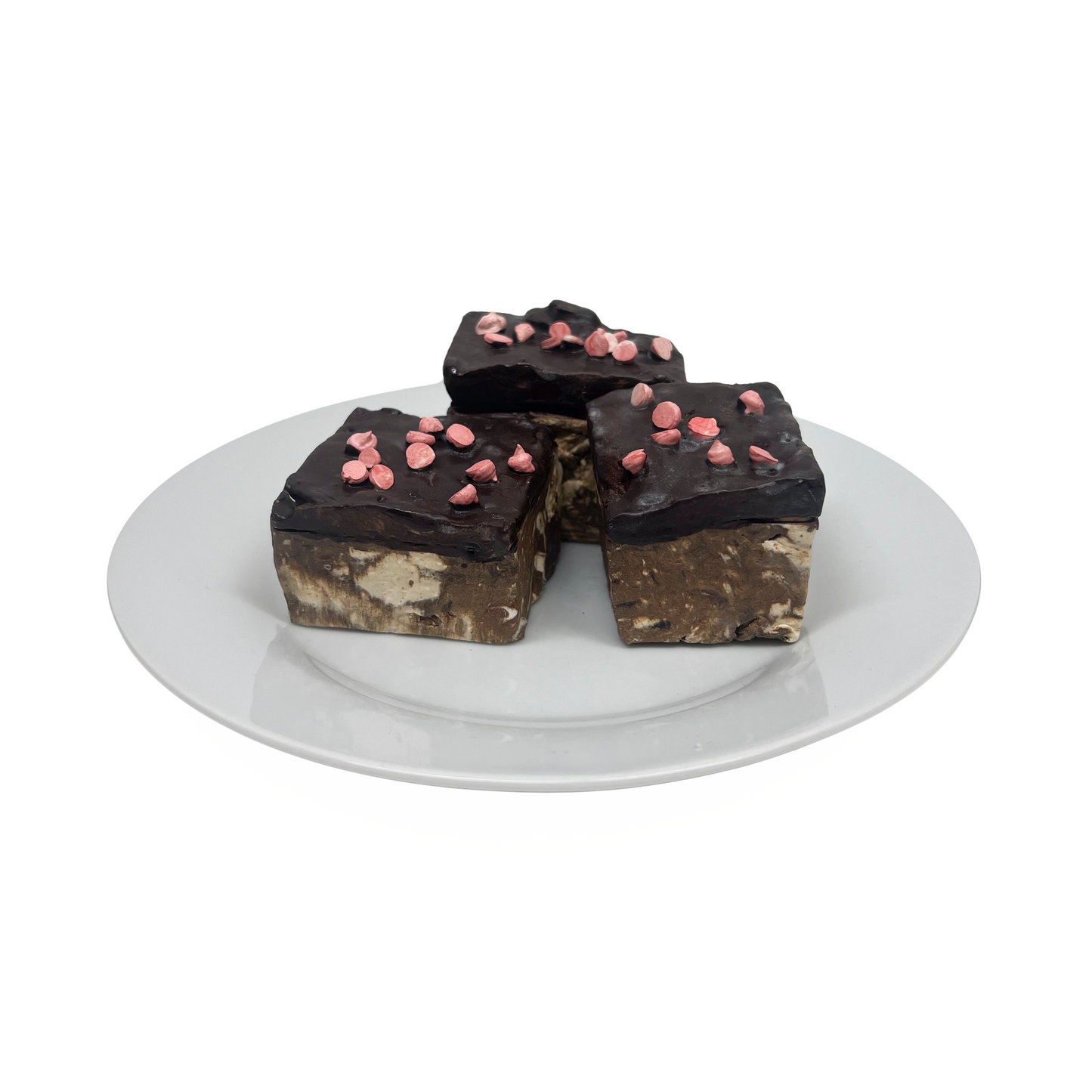 Three Plated Brownies With Pink Chips 6